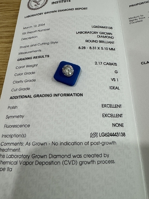 কেনা 2.17CT G VS1 3EX সিভিডি ল্যাব তৈরি ডায়মন্ড রাউন্ড কাট আইজিআই শংসাপত্র LG624443138 online manufacture