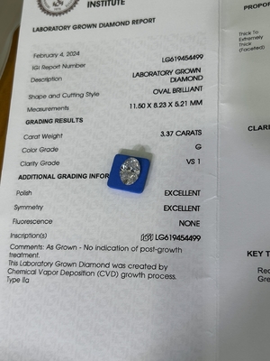 কেনা 3.37ct কৃত্রিম ডায়মন্ড ওভাল ব্রিলিয়ান্ট কাট CVD G VS1 2EX N IGI LG6169427133 online manufacture