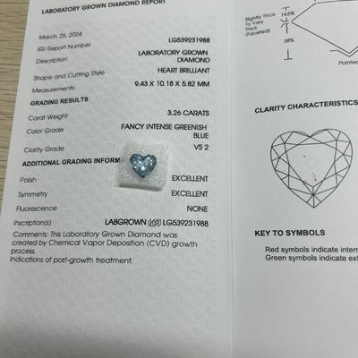 কেনা 3.26ct সিভিডি হার্ট আকৃতির ল্যাব ডায়মন্ড ফ্যান্সি তীব্র সবুজ নীল VS2 2EX N online manufacture