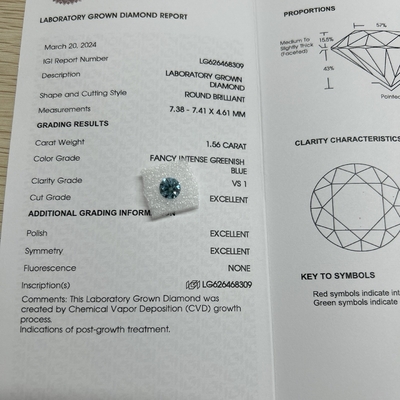কেনা 1.56ct ফ্যান্সি ইনটেন্স গ্রিনিশ ব্লু ল্যাব গ্রোথ ডায়মন্ড রাউন্ড কাট সিভিডি FVS1 3EX N IGI online manufacture