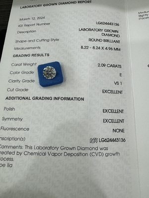 2.09CT E VS1 3EX গোলাকার কাটা সিভিডি গ্রোথ ডায়মন্ড আইজিআই শংসাপত্র LG624443136