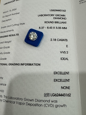 2.18CT E VVS1 আইডি EX সিভিডি সিন্থেটিক ডায়মন্ড গোলাকার ব্রিলিয়ান্ট কাট