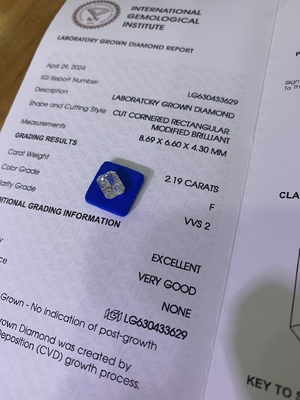 2.19ct ল্যাব ডায়মন্ড রেডিয়েন্ট কাট সিভিডি F ভিভিএস 2 এক্স ভিজি এন আইজিআই LG630433629