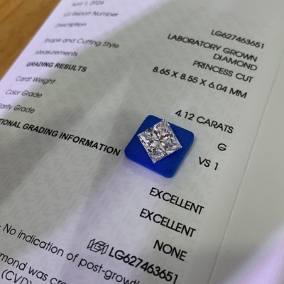 4.12CT G VS1 2EX সিভিডি ল্যাব তৈরি প্রিন্সেস কাট ডায়মন্ড জুয়েলারী তৈরির জন্য