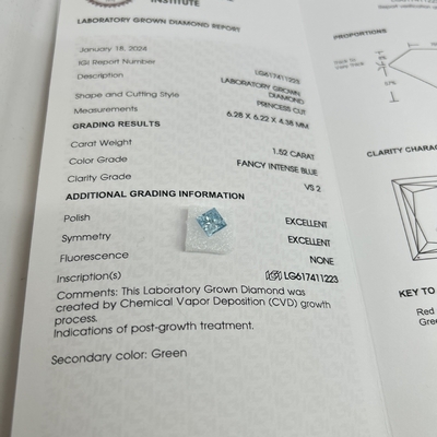 1.52CT ফ্যান্সি ইনটেনসিভ ব্লু ভিএস২ ২এক্স সিভিডি ল্যাব গ্রোড ডায়মন্ড প্রিন্সেস শেপ ওএম ওডিএম