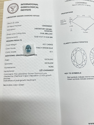 নীল 4.01ct VS1 সিভিডি ল্যাব তৈরি হীরা কৃত্রিম হীরা জুয়েলারী তৈরির জন্য