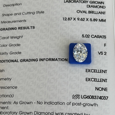 5.02ct VS2 F কৃত্রিম হীরা ল্যাবরেটরিতে চাষ করা হীরা ওভাল কাট