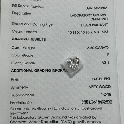 3.6ct ল্যাব তৈরি হার্ট ব্রিলিয়ান্ট কাট সিভিডি F VS1 2EX N IGI LG618492502