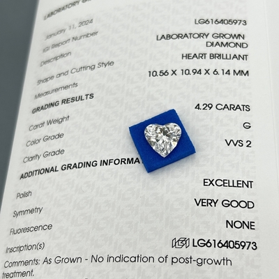 4.29ct ল্যাবরেটরি গ্রোথ ডায়মন্ড হার্ট কাট সিভিডি জি রঙ ভিভিএস২ ২এক্স এন আইজিআই
