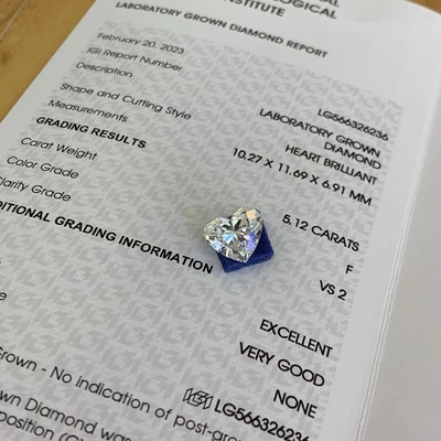 5.12ct হার্টের ল্যাব ক্রমবর্ধমান হীরা সিভিডি F VS2 2EX N IGI LG566326236