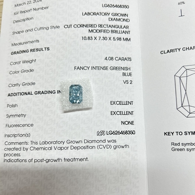 4.08ct ব্লু ল্যাব ডায়মন্ড রেডিয়েন্ট কাট সিভিডি ফ্যান্সি গ্রিনিশ ব্লু ভিএস১ ২এক্স এন আইজিআই